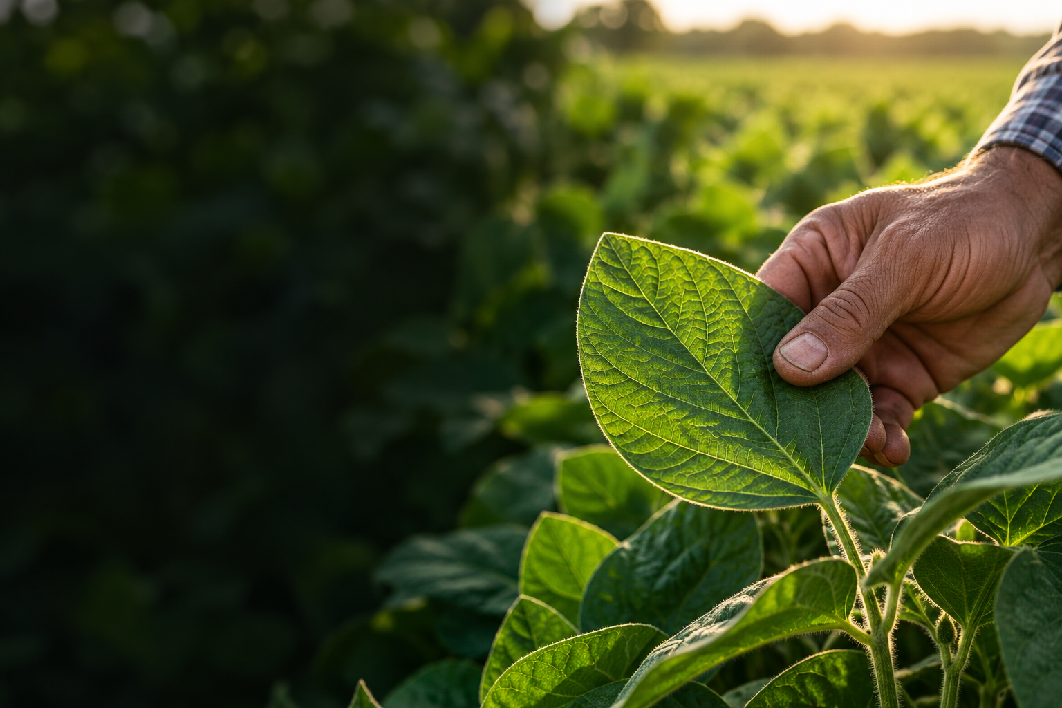 Mano de un agricultor sosteniendo con cuidado una hoja del cultivo